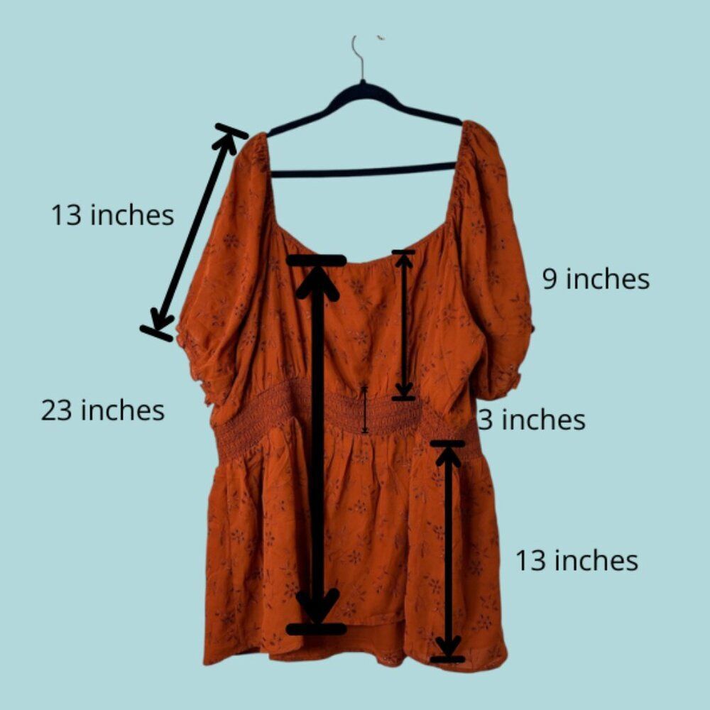 Torrid Georgette Eyelet Smoked Waist Puff Sleeve Cinnamon Brown Size 4 (26) NEW - Picture 5 of 8